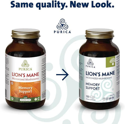 PURICA - Lion's Mane Micronized Mushrooms, 60 Vegan Capsules - Promotes Cognitive Health - Focus and Memory Support