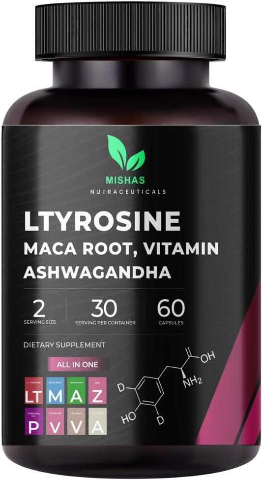 Nutraceuticals L-Tyrosine with Maca Root, Ashwagandha, Vitamins Complex, 60 Capsules, 30 Servings