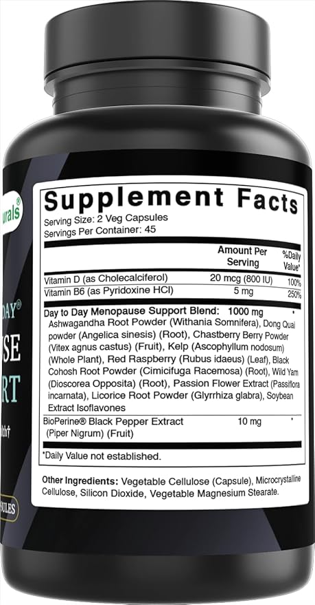Best Naturals Day-to-Day Menopause Supplements for Women with Ashwagandha, Dong Quai, Chastberry, Kelp, Red Raspberry, Black Cohosh & BioPerine 90 Veg Capsules