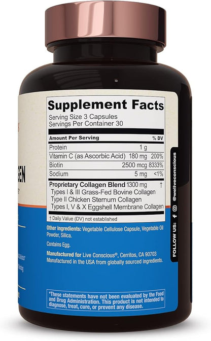 Live Conscious Beyond Collagen Multi Collagen Capsules - Types I, II, III, V & X | Hydrolyzed Blend with Biotin & Vitamin C for Hair, Skin, Nails 90 Capsules (2-Pack)