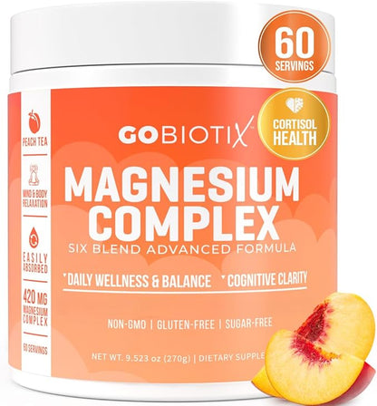 GoBiotix Magnesium Glycinate Powder – Cortisol Supplement for Women and Men – High Absorption Magnesium Complex Calm Supplement with Citrate, Malate – Sugar Free – 420 mg, 60 Servings, Peach Tea