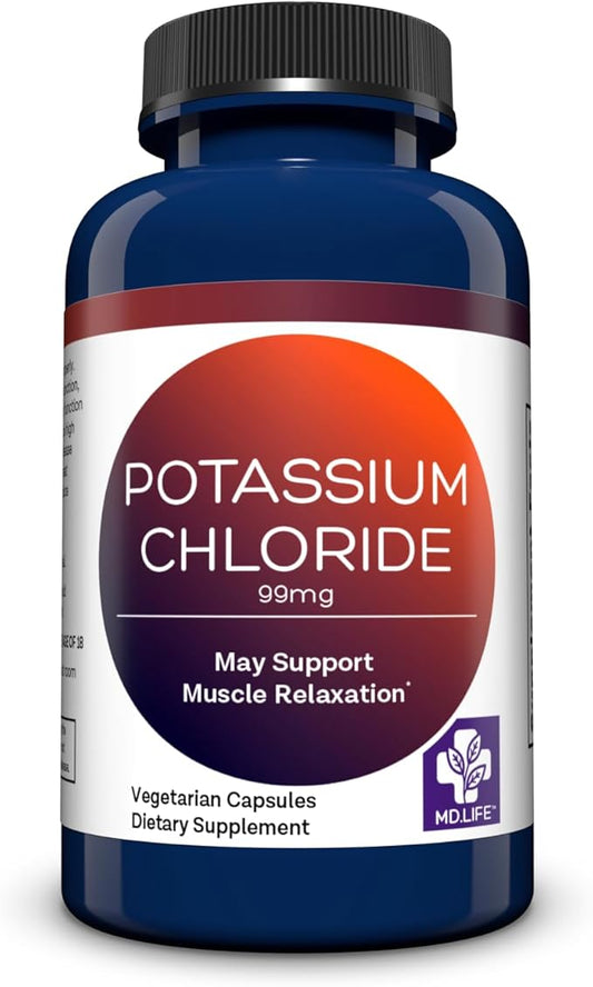 MD Life Potassium Chloride Supplement - Third Party Lab Tested - 99mg 90 Count - Potassium Chloride Capsules May Help Support Muscle Function & Healthy Blood Pressure Vegetarian Potassium Supplement