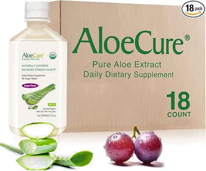 AloeCure USDA Organic Aloe Vera Juice Grape Flavor, Made Within 12 Hours of Harvest - Pure Aloe Vera Digestive & Immune Health Supplement, Helps Maintain Balanced Stomach Acidity, 16.7oz x 18 Btls