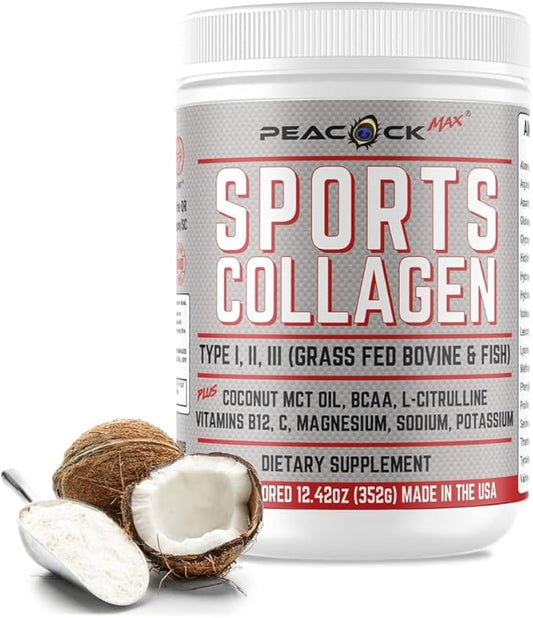 Sports Collagen Powder, 12.42 oz - Grass Fed Bovine & Wild Fish Hydrolyzed Type I, II, III Multi Collagen Peptides, Unflavored Protein Powder with BCAA, Magnesium & Electrolytes