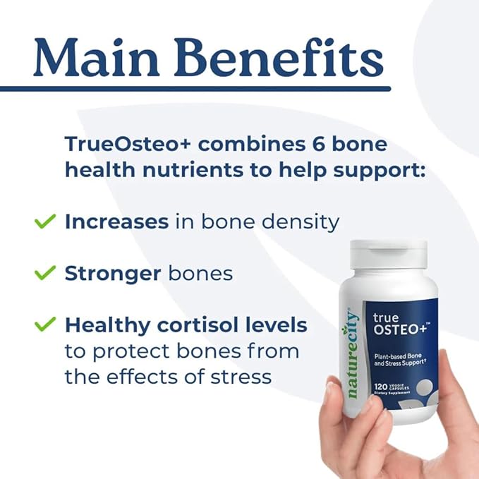 NatureCity True-Osteo+ for Bone Strength & Density | Plant Based Calcium Supplement with Organic AlgaeCal Calcium & Magnesium, Vitamin D3, K2, Silicon & Stress Support | 360 Veggie Capsules
