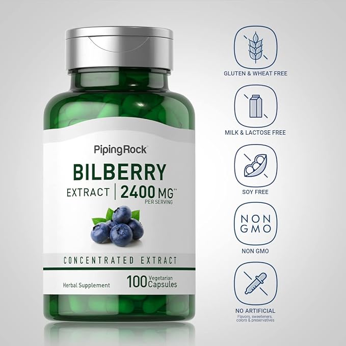 Piping Rock Bilberry Extract Capsules 2400mg | 200 Count | Concentrated Herbal Extract | Vegetarian, Non-GMO, Gluten Free Supplement