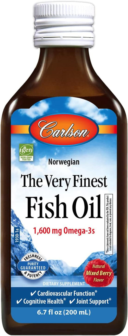 Carlson - The Very Finest Fish Oil, 1600 mg Omega-3s, Liquid Fish Oil Supplement, Norwegian Fish Oil, Wild-Caught, Sustainably Sourced Fish Oil Liquid, Mixed Berry, 200 mL (6.7 Fl Oz)