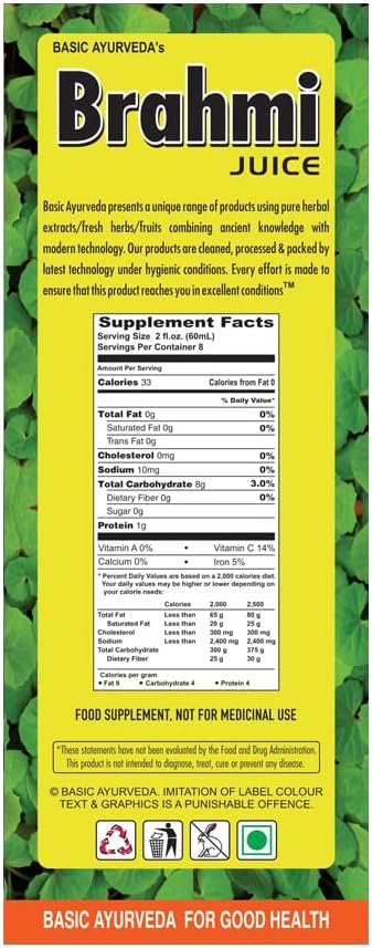 BASIC AYURVEDA Brahmi Juice | First Press Virgin Herbal Juice | Bacopa Monnieri Extract | Natural Brain & Wellness Support | Non-GMO, Vegan, No Additives | 16.23 Fl Oz (480ml)