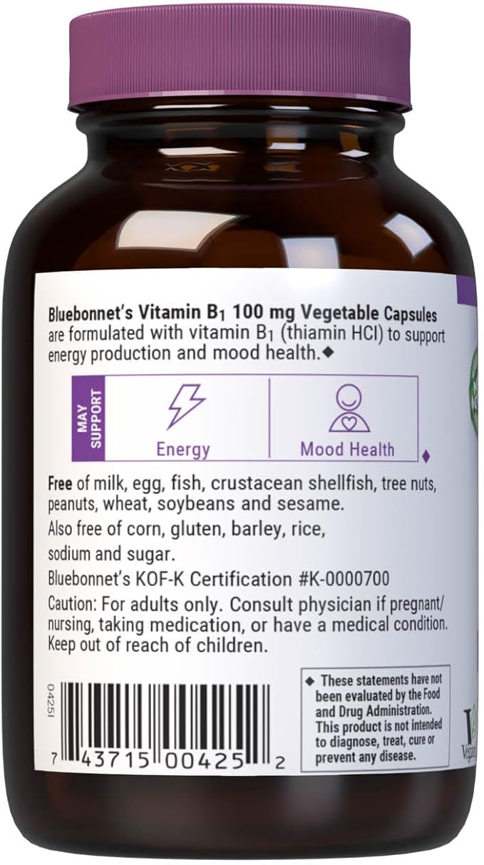 Bluebonnet Vitamin B1 100 mg - Mood Support & Energy Vitamins for Women & Men* - Thiamin HCl - Non-GMO, Vegan, Kosher, Gluten-Free - Soy & Dairy-Free - 100 Vegetable Capsules, 100 Day Supply