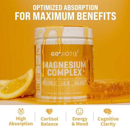 GoBiotix Magnesium Glycinate Powder – Cortisol Supplement for Women and Men – High Absorption Magnesium Complex Calm Supplement with Citrate, Malate – Sugar Free – 420 mg, 60 Servings, Honey Citrus