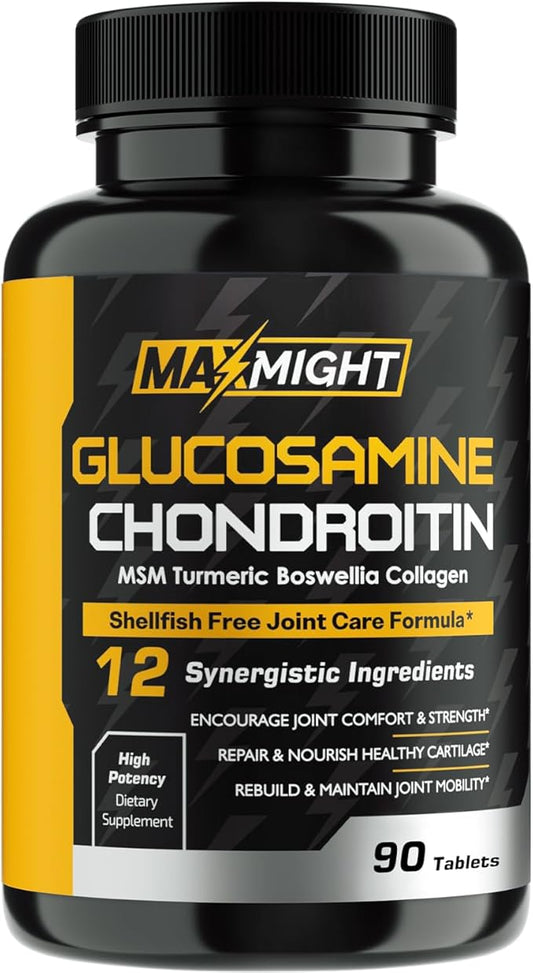 Glucosamine Chondroitin MSM Turmeric, Boswellia, 12-in-1, Joint Comfort, Mobility, Lubrication & Strength for Men Women & Senior, 90 Tab, No Shellfish