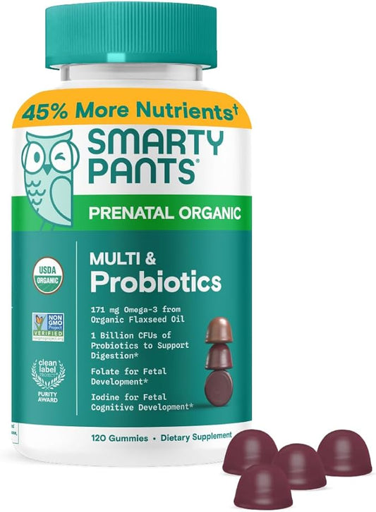 SmartyPants Organic Prenatal Vitamins for Women, Multivitamin Gummies: Probiotics, Biotin, Methylfolate, Omega 3 (ALA), Vitamin D3, C, Vitamin B12, B6, A, K2 & Zinc, Choline, 120 Count (30 Day Supply)