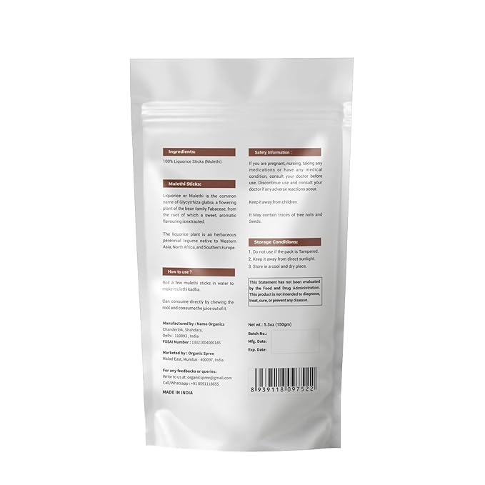 Organic Spree Licorice - Mulethi Sticks - 5.3oz (150gm) Pure and Natural Yashtimadhu - Jethimadh 150gm - Pack of 2