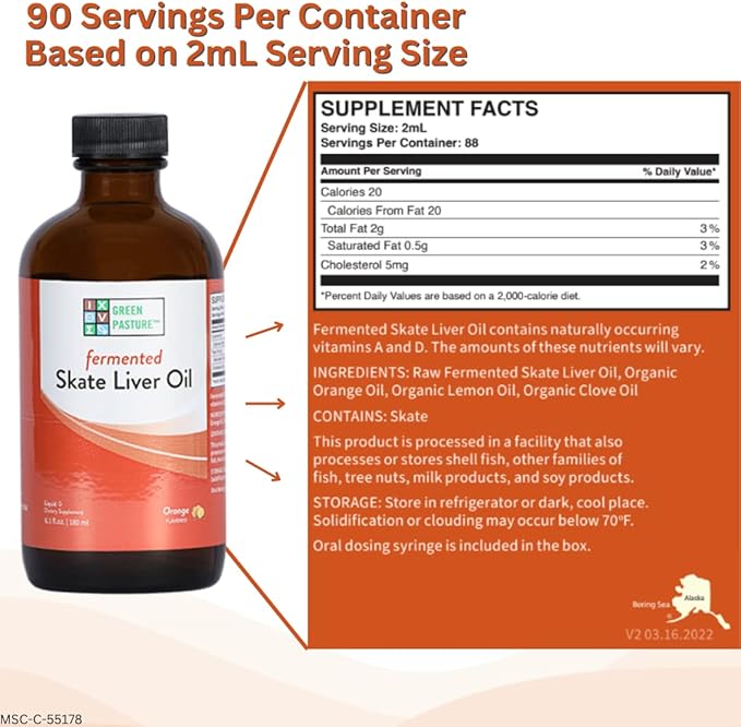 Green Pasture Fermented Skate Liver Oil - Orange - 6.0 FL Oz
