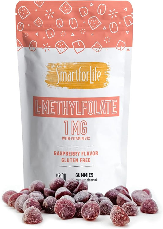 Smart for Life L-Methylfolate Gummies with Vitamin B12 Raspberry Flavor - 1mg - 60 Gummies - Active Folate 5 MTHFR Support Supplement Professional Strength - Doctor Designed Methyl Folate