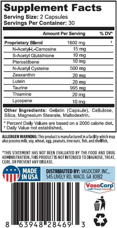 NeuropAWAY Eye Support Supplement 60CT with Lutein N-Acetyl L-Carnosine S-Acetyl Glutathione N-Acetyl Cystiene Pterostilbene Lycopene Zeaxanthin to Support Healthy Vision, Helps Blurry and Dry Eyes