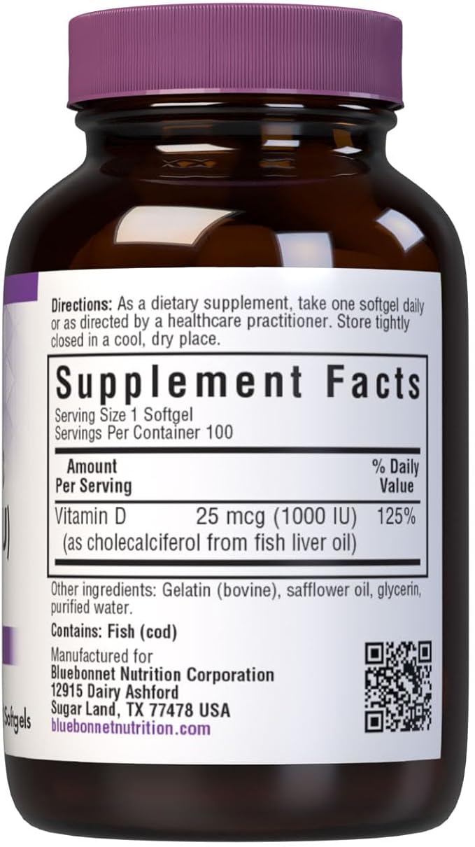 Bluebonnet Nutrition Vitamin D3 1000 IU Softgels, Aids in Muscle and Skeletal Growth, Cholecalciferol from Fish Oil, Non GMO, Gluten Free, Soy Free, Dairy Free, 100 Softgels