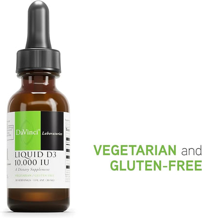 DAVINCI Labs Liquid D3 10,000 IU - Helps Support Bone Health, Immune Support & Heart Health with Vitamin D3 - Gluten Free & Vegetarian - 1 Fl Oz (30 Servings)