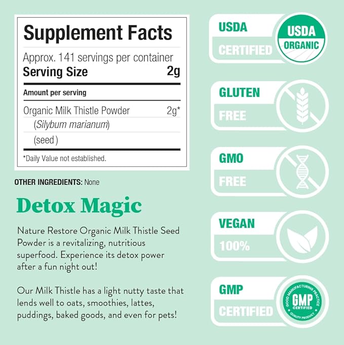 Nature Restore USDA Certified Organic Milk Thistle Seed Powder, 10 Ounces, Packaged in California