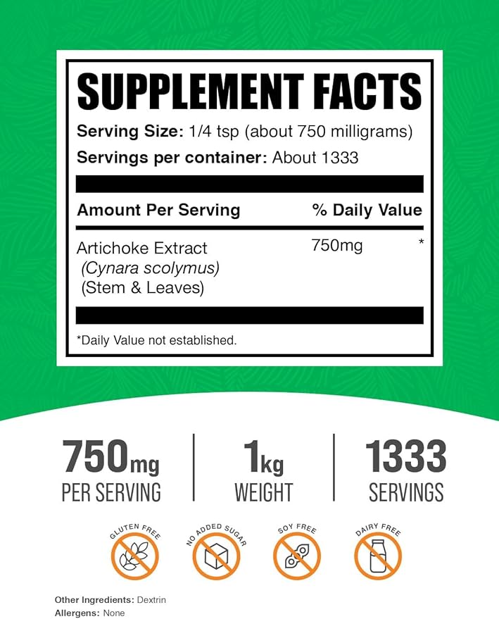 BulkSupplements.com Artichoke Extract Powder - Herbal Supplement, Artichoke Supplement - Vegan & Gluten Free, 750mg per Serving, 1kg (2.2 lbs) (Pack of 1)