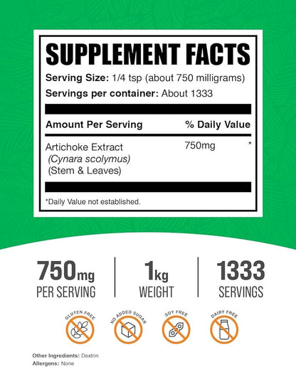 BulkSupplements.com Artichoke Extract Powder - Herbal Supplement, Artichoke Supplement - Vegan & Gluten Free, 750mg per Serving, 1kg (2.2 lbs) (Pack of 1)
