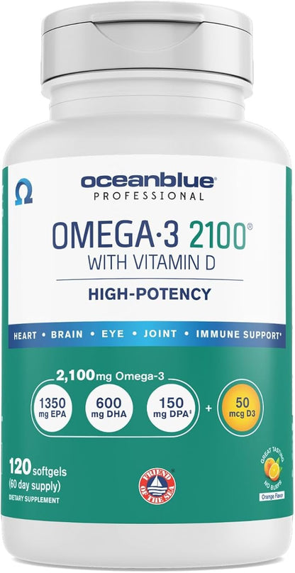 Oceanblue Professional Omega-3 2100 with Vitamin D3 – 120 ct – Triple Strength Burpless Fish Oil Supplement with High-Potency EPA, DHA, DPA and Vitamin D3 – Wild-Caught – Orange Flavor (60 Servings)