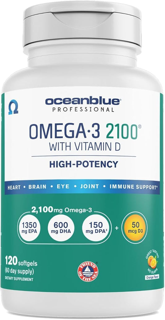 Oceanblue Professional Omega-3 2100 with Vitamin D3 – 120 ct – Triple Strength Burpless Fish Oil Supplement with High-Potency EPA, DHA, DPA and Vitamin D3 – Wild-Caught – Orange Flavor (60 Servings)