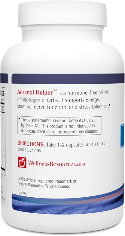 Wellness Resources Adrenal Helper - Adaptogen Supplement for Stress Tolerance, Mood, Energy with Cordyceps Mushroom, Rhodiola, OciBest Holy Basil, Eleuthero, and Gamma Oryzanol (90 Capsules)
