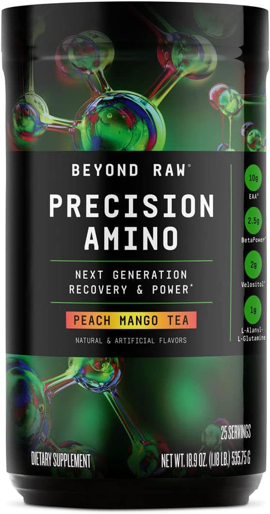 BEYOND RAW Precision Amino | Recovery & Power Amino Acid Formula | Fuel Muscles | Enhance Hydration | Peach Mango Tea | 25 Servings