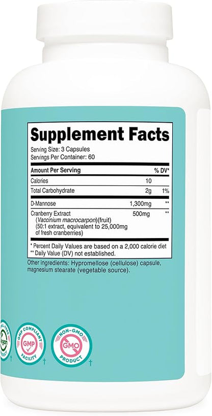 Nutricost D-Mannose with Cranberry Extract for Women 1300mg 180 Capsules