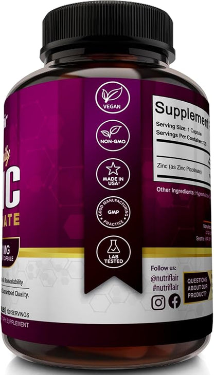 NutriFlair Zinc Picolinate 100mg, 120 Capsules - Vegan, Non-GMO, Made in USA, Third-Party Lab Tested