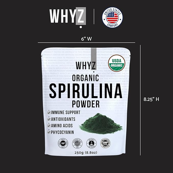 WHYZ Organic Spirulina Powder, 250g, Protein-Rich Spirulina Supplement, Organic Superfood for Immune Support, Green Spirulina Powder Organic Non GMO for Smoothies & Recipes