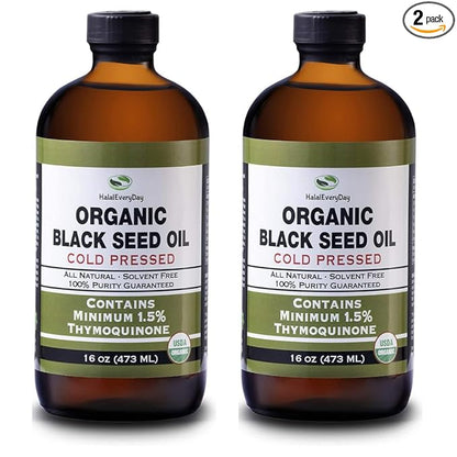 Organic Black Seed Oil - USDA Certified Cold Pressed Glass Bottle Over 1.5% Thymoquinone 3X strength Turkish Black Cumin Nigella Sativa non-GMO 100% Pure Blackseed Oil (32oz Glass (2X16) Bottle)