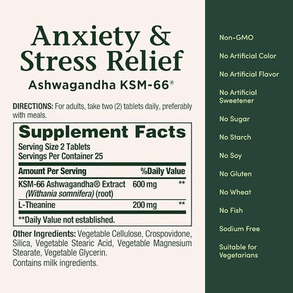 Nature's Bounty Stress Relief Ashwagandha KSM 66 Tablets, Mood Support, 50 Count