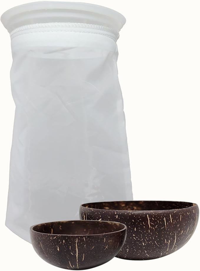 Premium Kava Strainer Bag with 2 Traditional Coconut Shell Cups - Reusable Kava Accessories Bundle - 3 Items