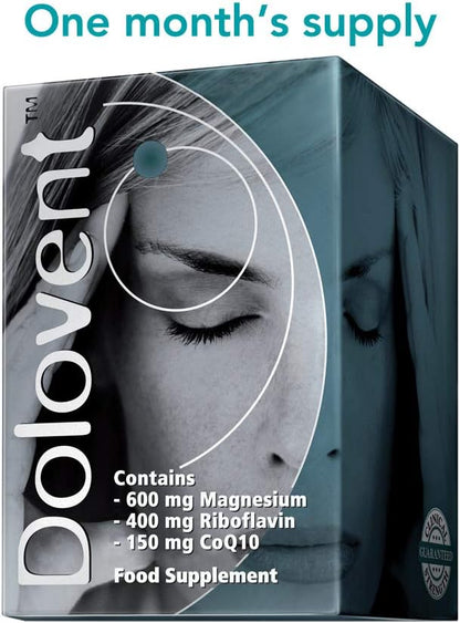 Dolovent - Natural Migraine Relief with Magnesium for Migraines, Vitamin B2 400mg, CoQ10 - Dietary Supplement for Brain Health - 1 Bottle