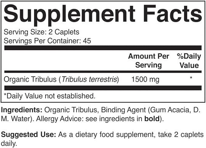Brieofood Organic Tribulus 1500mg, 45 Servings, Vegetarian, Gluten Free, 90 Vegetarian Tablets