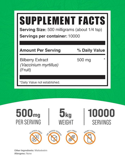 BulkSupplements.com Bilberry Extract Powder - Bilberry Fruit Extract, Bilberry Powder, Bilberry Supplement for Eyes - Glulten Free, 500mg per Serving, 5kg (11 lbs) (Pack of 5)