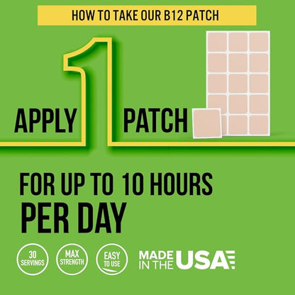 Premium Grade B12 Patches 30 Day Supply B12 Patch – Made with Vitamin B12 Methylcobalamin for Energy & Vitamin Guarana - 100% Made in The USA