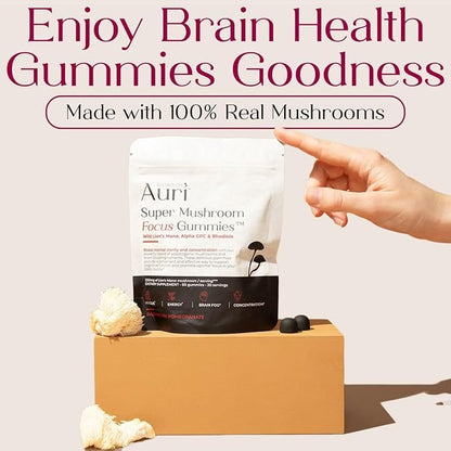Auri Super Mushroom Focus Gummies - w/Lion's Mane, Alpha GPC & Rhodiola - Mushrooom Supplement to Support Cognitive Function, Mental Clarity, Focus & Energy | 60 Gummies, Vegan Friendly, Non GMOs