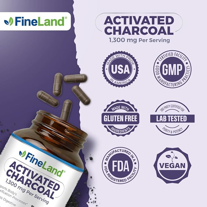 FineLand Activated Charcoal 1300mg Capsules - Detox Cleanse, Gas & Bloating Relief, Circulation & Cholesterol Support - 120 Vegan Pills