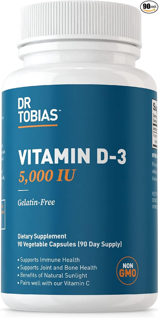 Dr. Tobias Vitamin D3 5000 IU, Essential for Healthy Bones, Teeth, and Immune System, Extra Strength Vitamin D Supplement, Non-GMO, 90 Capsules, 90 Servings