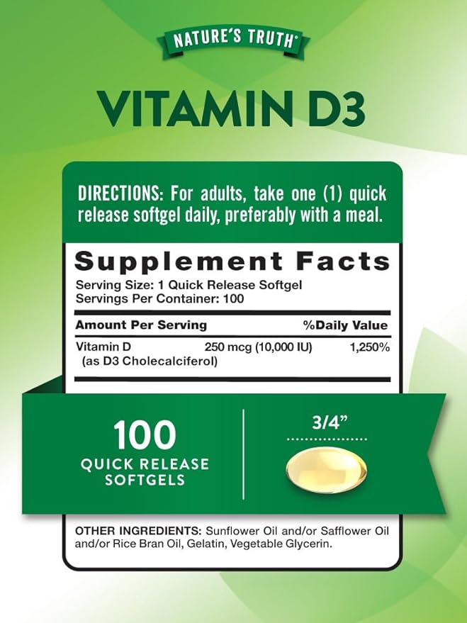 Nature's Truth Vitamin D3 10000 IU Softgels | 100 Count | High Potency Formula | Non-GMO and Gluten Free Supplement
