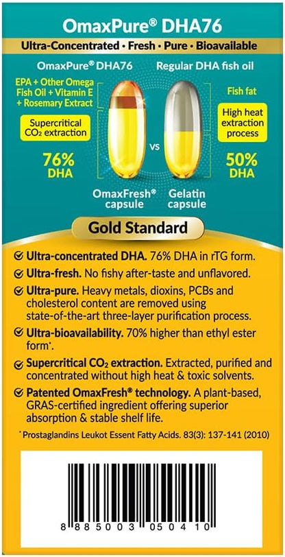 LABO Nutrition OmaxPure DHA76 Omega 3 Fish Oil, Ultra-Concentrated 76% 950mg DHA, EPA, 60 Count, Pharmaceutical Grade, Supercritical CO2 Extracted rTG Form, for Heart, Joint, Brain & Immune Health