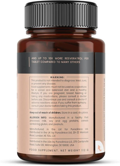 pureclinica 1000mg Resveratrol x 180 Tablets (2 Bottles of 90 Tablets Each - 6 Months Supply). 10 x Strength and with Black Pepper Extract for Faster Absorption