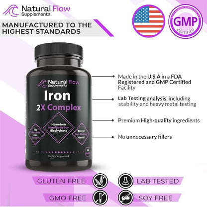 Iron Supplement 2-in-1 Complete Complex - Natural Flow 2X Heme and Chelated Non Heme Iron Bisglycinate, Folate, B and Vitamin C, for Anemia and Blood Building Support, Gentle on Stomach, 90 Caps