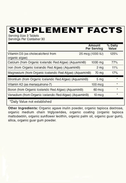 Plant Calcium | 1000mg Certified Organic Whole Food Calcium from Organic Icelandic Red Algae with Vitamin D3, Vitamin K2 and Magnesium | 72 Trace Minerals | 90 Vegan Tablets
