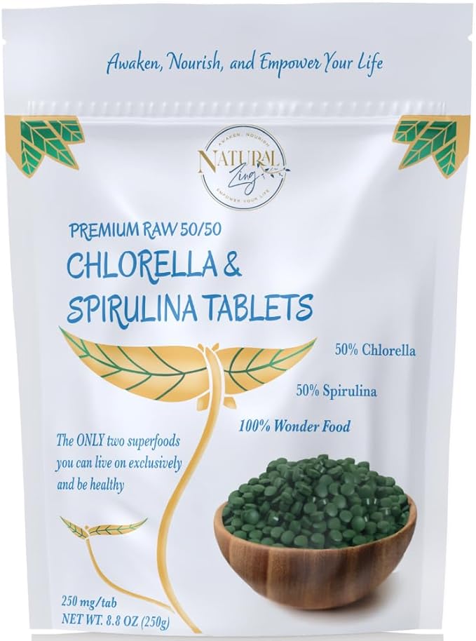 NaturalZing 100% Pure Chlorella/Spirulina Tablets | 1000 250mg Tablets | 60 Servings | 60% Protein | Vegan Protein | Omega 3s | Alkaline | Chlorophyll | Cracked Cell | Grown with Sunlight | Taiwanese