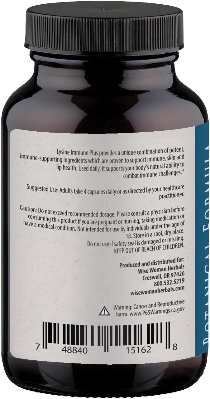 Wise Woman Herbals Lysine Immune Plus Lip - 120 Count Vegetable Capsules - Clinically Proven Lip Health & Support L-Lysine - Bioactive with Zero Harmful Additives