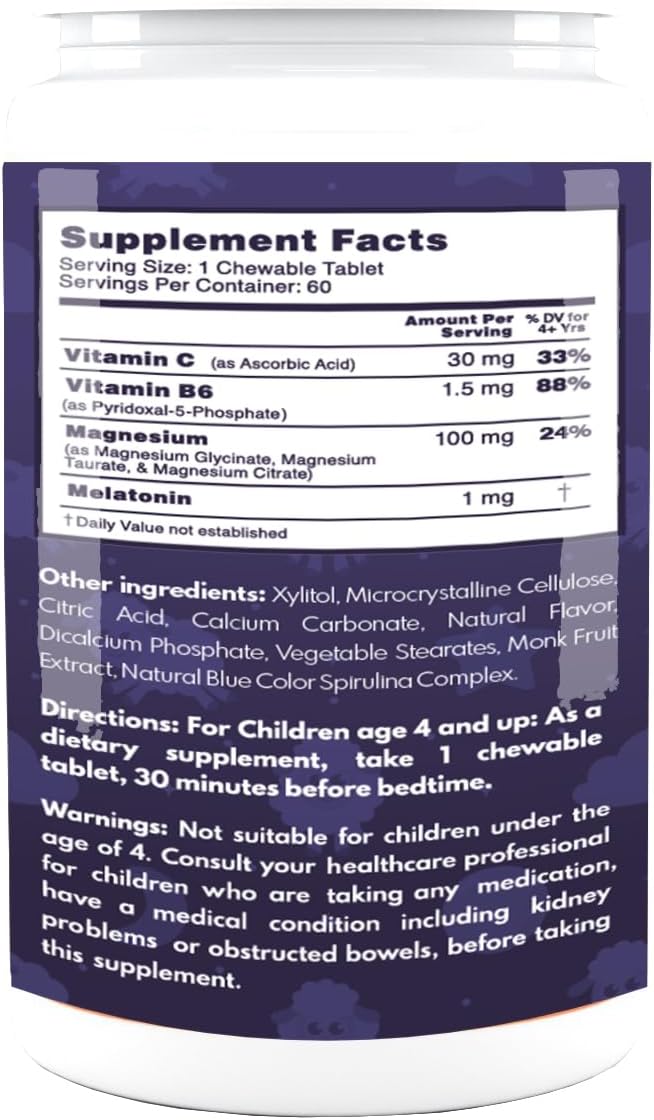 VAL Sugar-Free Calm Magnesium for Kids PM Chewable Tablets | Magnesium Glycinate, Citrate & Taurate | Melatonin & Vitamins B6 & C | Bedtime Support | Non-GMO | Blueberry Yogurt Flavor | 60 Count